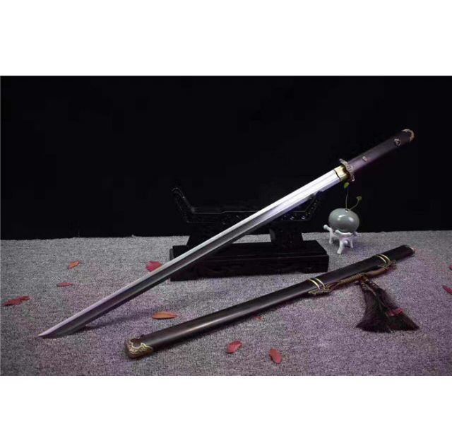 黑檀木简装花纹钢烧刃双刃唐刀--天之丛云